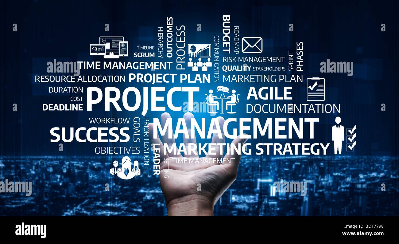 Diese Abbildung veranschaulicht grundlegende Konzepte des Projektmanagements und zeigt eine Hand, die wichtige Elemente in Bezug auf Planung, Workflow und Dokumentation hält Stockfoto