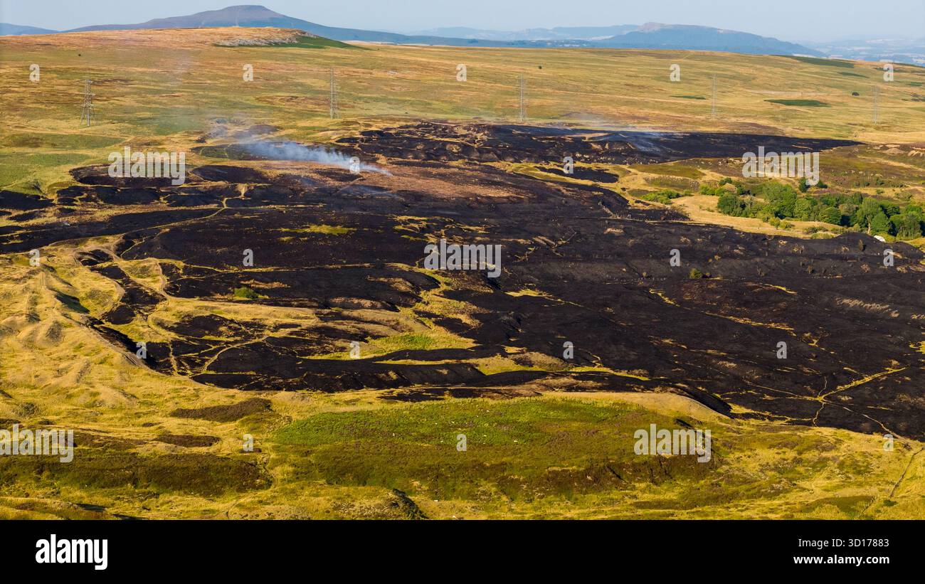 Die Drohnenansicht zeigt die zerstörerischen Folgen eines Grasfeuers in Wales Stockfoto