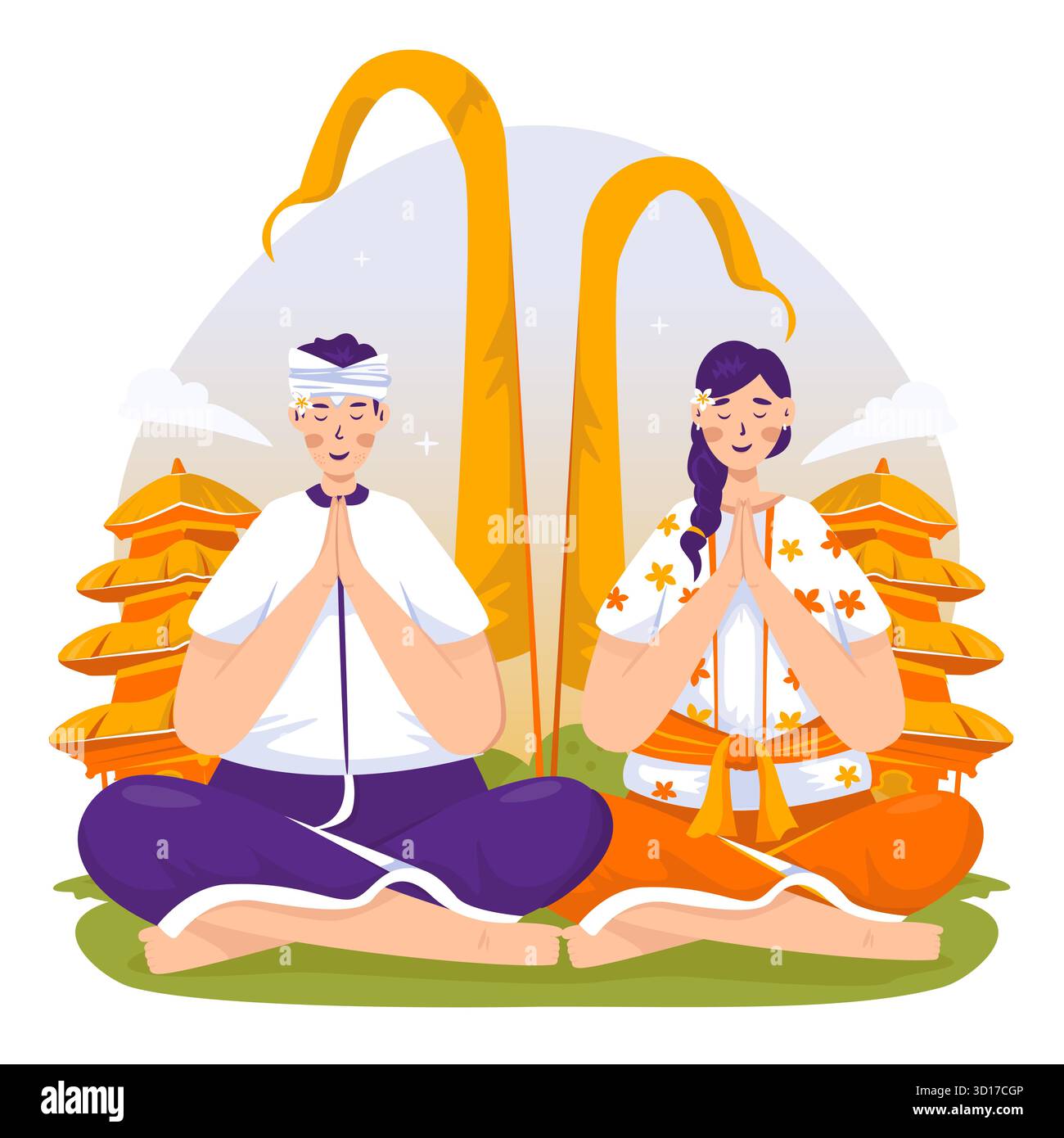 Balinesen in Gebetsmeditation Pose Vektor Illustration Stock Vektor
