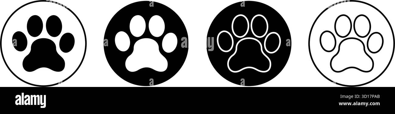 Set mit runden Formen der Hunde- oder Katzenpfoten. Hündchen- oder Kätzchen-Fußabdruck-Stempel isoliert auf weißem Hintergrund. Piktogramme für Tierklinik oder Tierhandlung. Illustration der Vektorabwicklung. Stock Vektor