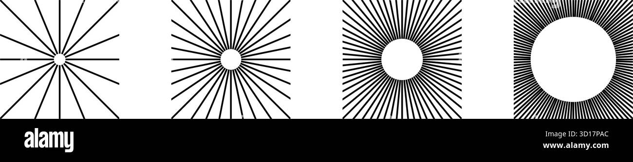 Gerade radiale Linien in quadratischen Formen. Set mit Symbolen zum Sonnenschein. Sonnenschilder. Symbole für Strahlkraft, Explosion oder Feuerwerk auf weißem Hintergrund. Vektorgrafik. Stock Vektor