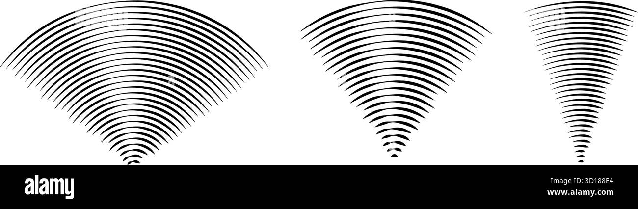 Lineares Schallwellensignal eingestellt. Radialradio und Audio-Symbole für Musik. Gekräuseltes Radar-Vibrationselement-Schildbündel. Schwarz gekrümmte Impulslinien. Echokardiographie-Symbole. Vektor Stock Vektor