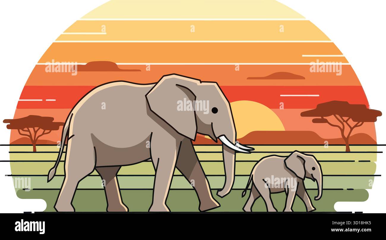 Afrikanische Elefanten zu Fuß bei Sonnenuntergang - Mutter und Baby auf Safari in der Savanne Stock Vektor