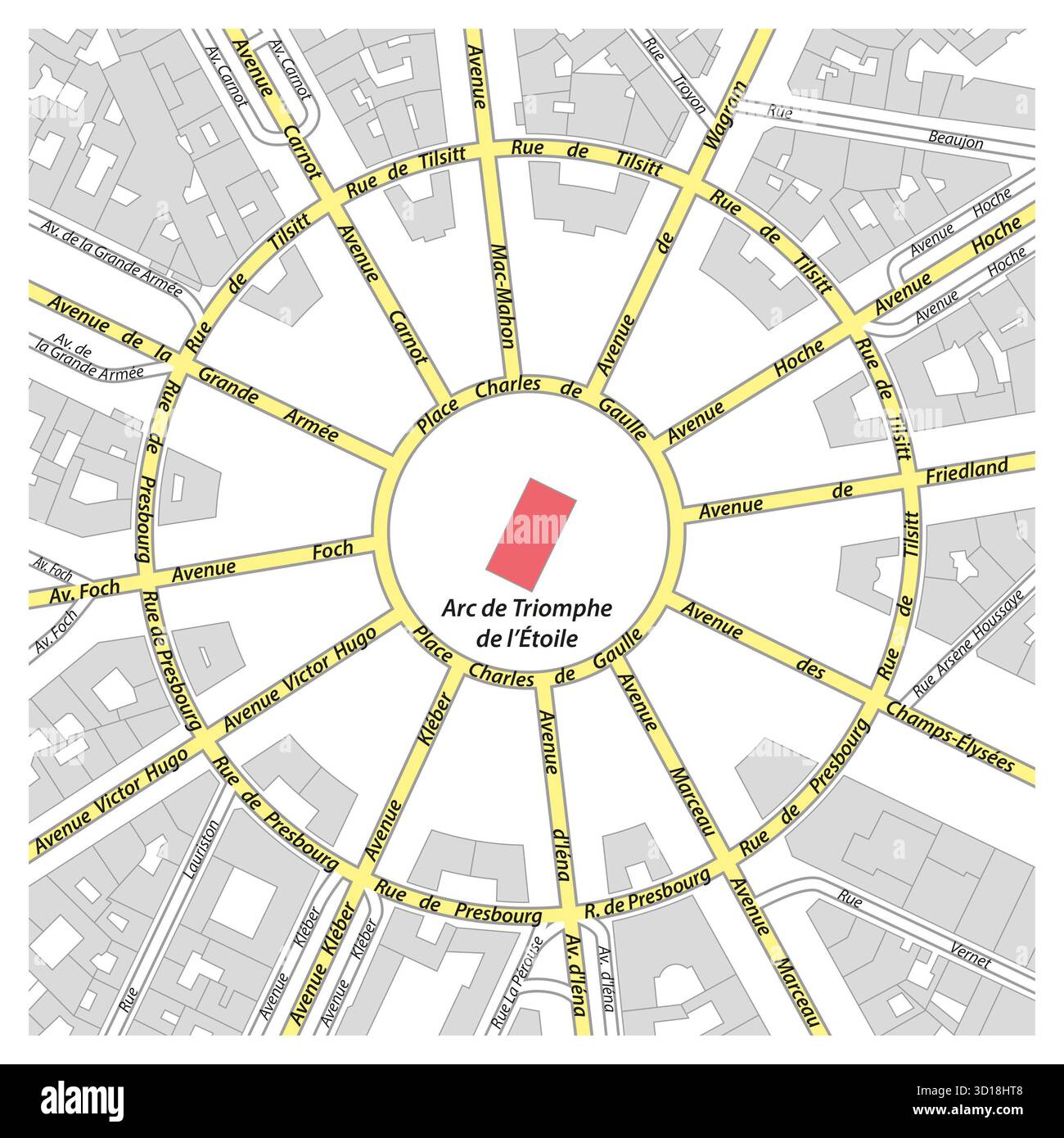 Detaillierte Straßenkarte rund um den Arc de Triomphe, Paris, Frankreich Stockfoto