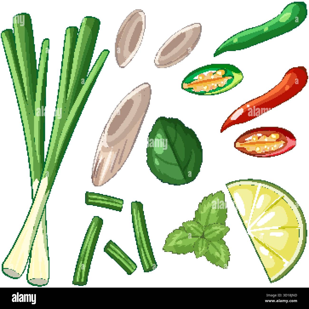 Bunte Vektor-Illustration von asiatischen Kräutern, Chili Paprika, Limette und Zitronengras auf weißem Hintergrund Stock Vektor