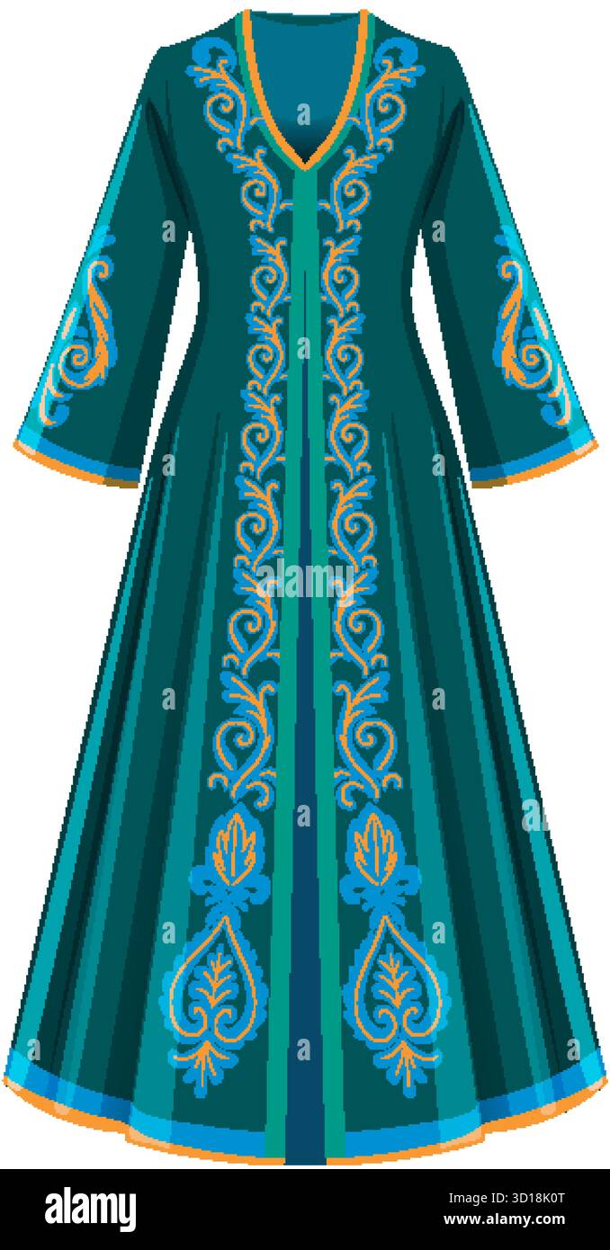 Vektor-Illustration von türkisblauem Kleid, komplizierte blaue Stickerei, Goldbesatz, Vorderansicht, flacher Stil Stock Vektor