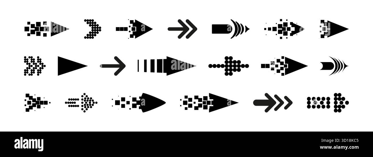 Schwarze Pfeilschilder isoliert auf weißem Hintergrund. Vektorillustration von schmalen geometrischen Richtungsanzeigen mit dünnen Linien, Punkten, Quadraten, Dreiecken, Navigationstasten, Symbole für flache Leitungen Stock Vektor