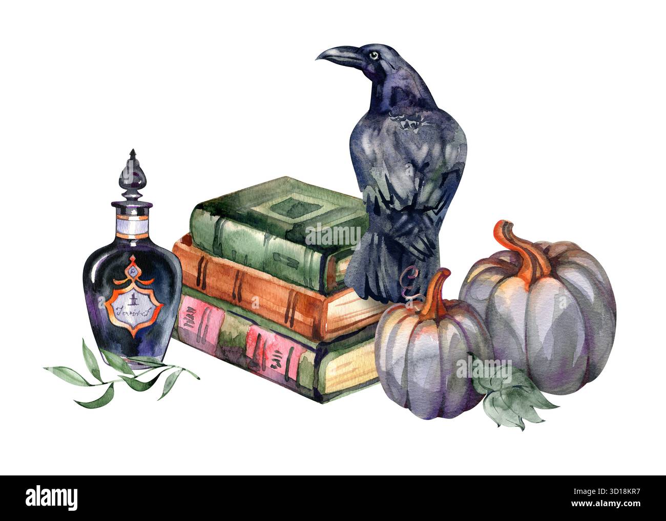 Aquarellillustration eines Raben, der auf alten Vintage-Büchern sitzt, mit Trinkflasche und grauen Kürbissen, mystischem Herbststillleben, Halloween-Dekor Stockfoto