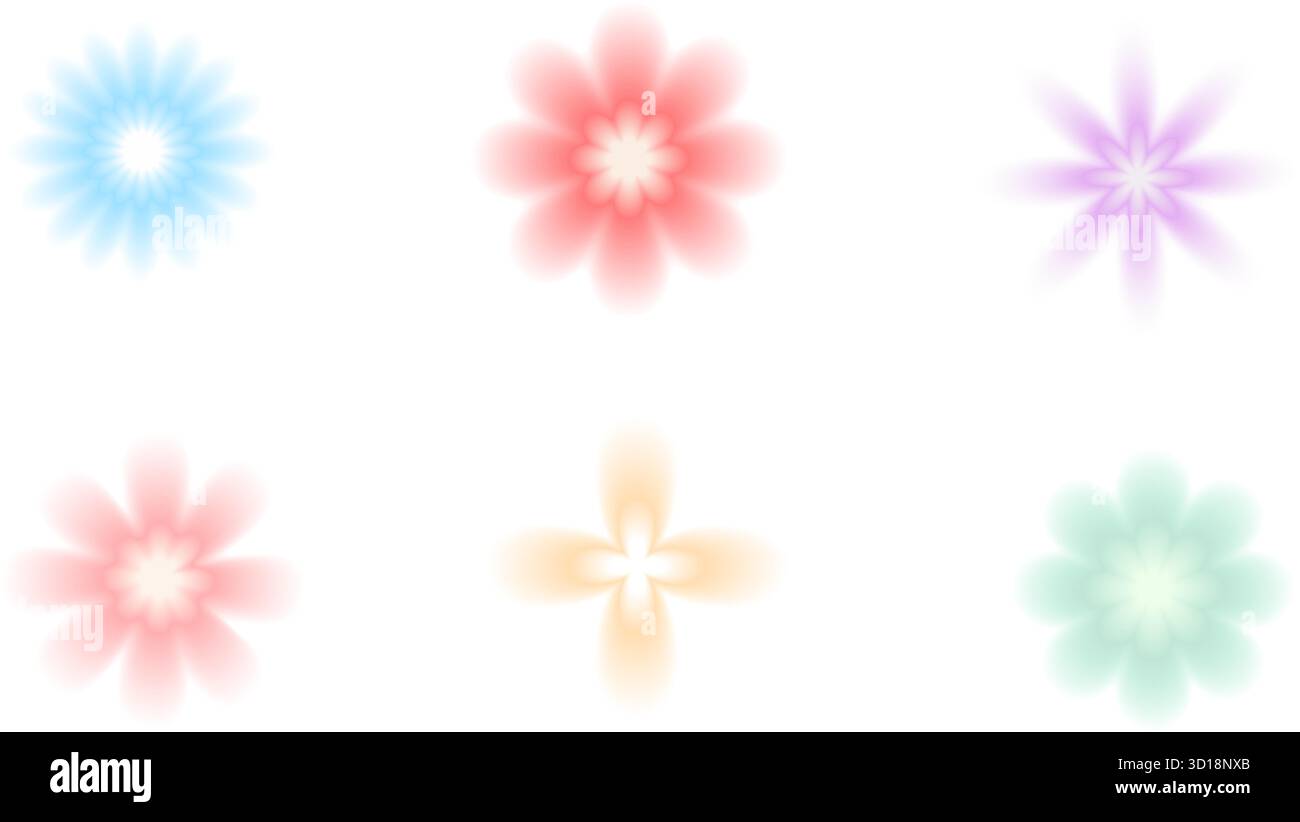 Y2K-Blumensymbole mit Unschärfe-Farbverlauf in mehreren Farben. Aura Textur florale Symbole Formen. Rote, blaue und rosafarbene Abstufungen. Vektor vereinfacht Wildblumen für Stock Vektor