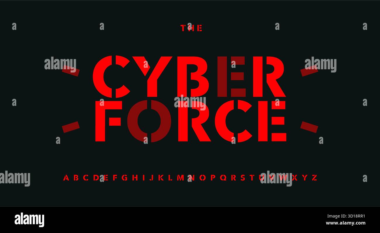 Schablone Fett Schriftzug Logo Alphabet Street Heavy Geometric Graffiti Sport Cyber Typografie Ausschnitte Typografie Design, Space Futuristic Esport Stock Vektor