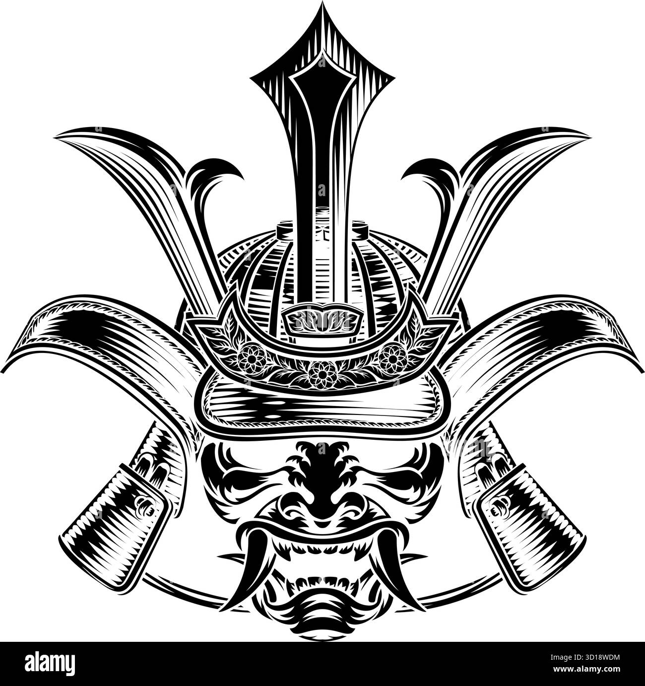 Gravierte Illustration mit Samurai Helm und Maske Stock Vektor