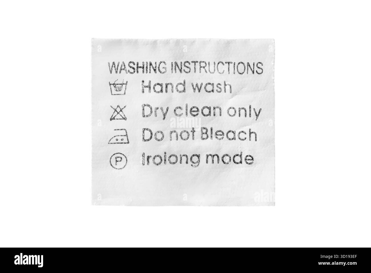 Waschanleitung Kleideretikett isoliert auf weißem Hintergrund Stockfoto
