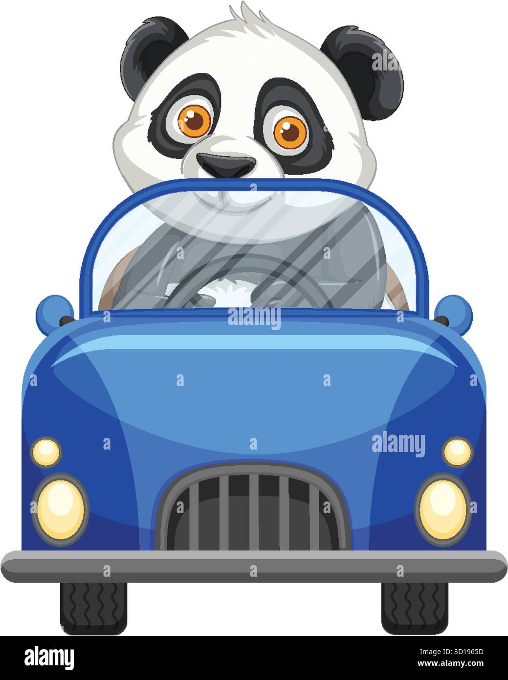 Vektor-Illustration eines Pandabären, der ein blaues Cabrio fährt, helle Farben, flache Art Stock Vektor