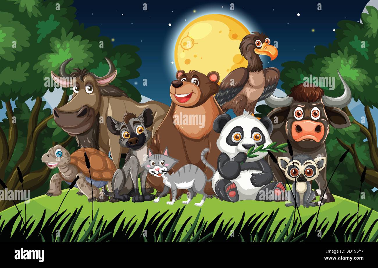 Verschiedene wilde Zeichentricktiere versammeln sich auf einer Waldlichtung unter hellem Vollmond Stock Vektor