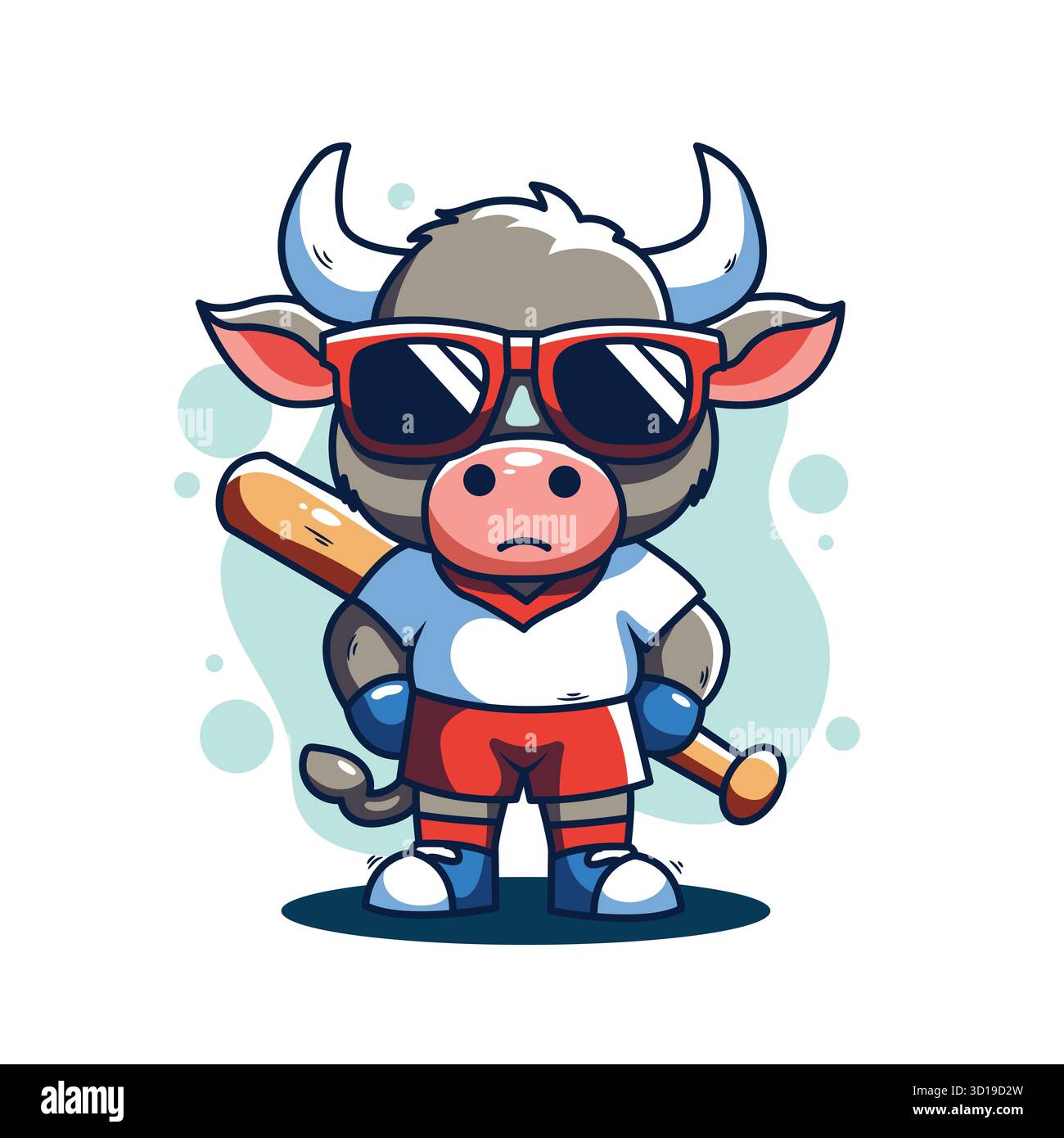Niedlicher Stier-Charakter im sportlichen Outfit, der Baseballschläger hält – skurrile Vektor-Illustration Stockfoto