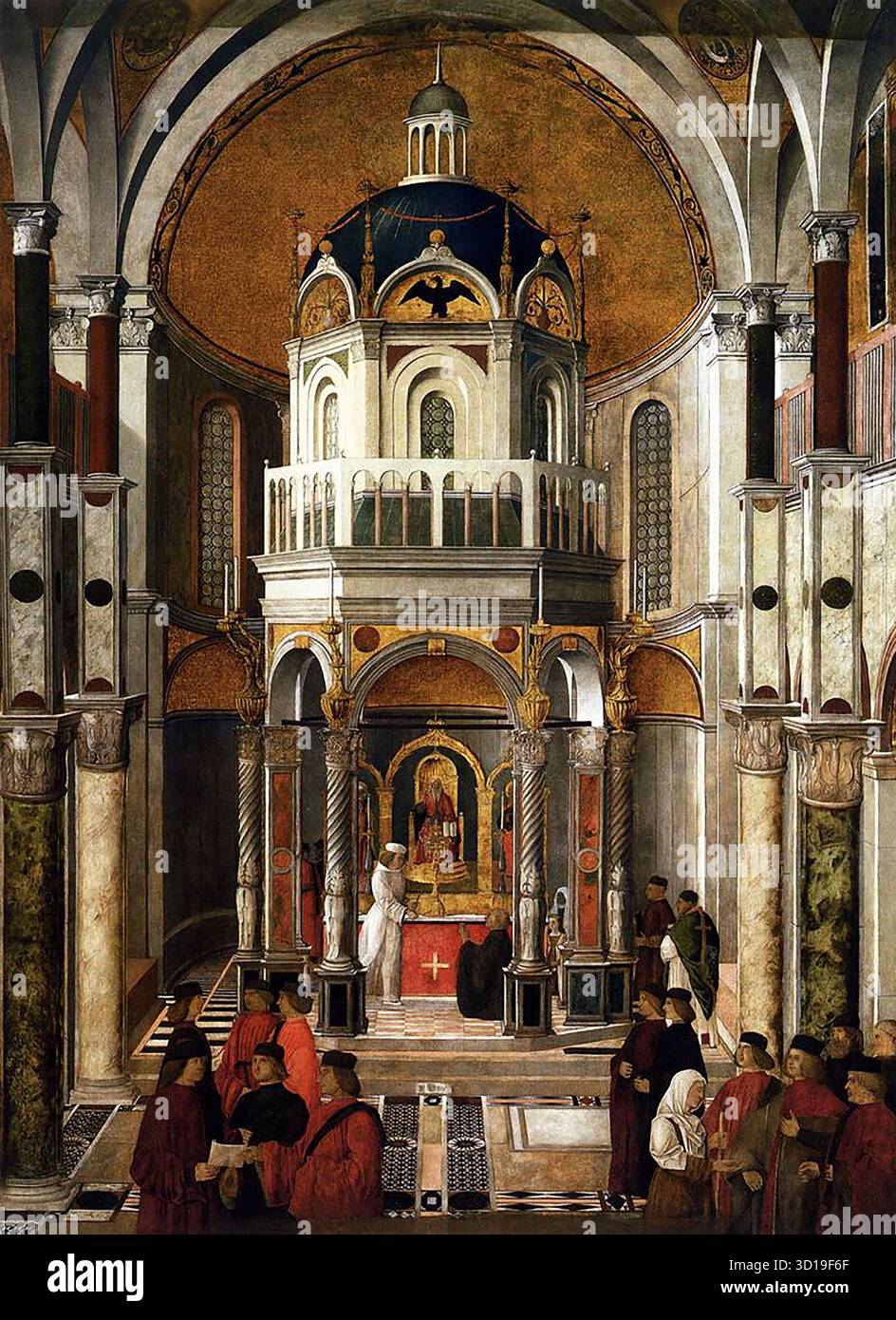 BELLINI, Gentile (* ca. 1429, Venezia, d. 1507, Venezia) die Heilung von Pietro dei Ludovici c. 1501 Tempera auf Leinwand, 369 x 259 cm Gallerie dell'Accademia, Venedig diese Leinwand zeigt die Heilung von Pietro dei Ludovici. Das Wunder, das durch den Kontakt mit einer Prozessionskerze entstanden ist, die das Relikt des Heiligen Kreuzes berührt hatte, findet in einer Kapelle statt, die zum großen Teil von einem äußerst eleganten Ziborium besetzt ist, auf dem das Adlersymbol des hl. Johannes des Evangelisten steht. Dieses Detail und auch das Triptychon auf dem Altar, das an das von Bastiani in seiner Leinwanddepik erinnert Stockfoto BELLINI, Gentile (* ca. 1429, Venezia, d. 1507, Venezia) die Heilung von Pietro dei Ludovici c. 1501 Tempera auf Leinwand, 369 x 259 cm Gallerie dell'Accademia, Venedig diese Leinwand zeigt die Heilung von Pietro dei Ludovici. Das Wunder, das durch den Kontakt mit einer Prozessionskerze entstanden ist, die das Relikt des Heiligen Kreuzes berührt hatte, findet in einer Kapelle statt, die zum großen Teil von einem äußerst eleganten Ziborium besetzt ist, auf dem das Adlersymbol des hl. Johannes des Evangelisten steht. Dieses Detail und auch das Triptychon auf dem Altar, das an das von Bastiani in seiner Leinwanddepik erinnert Stockfoto