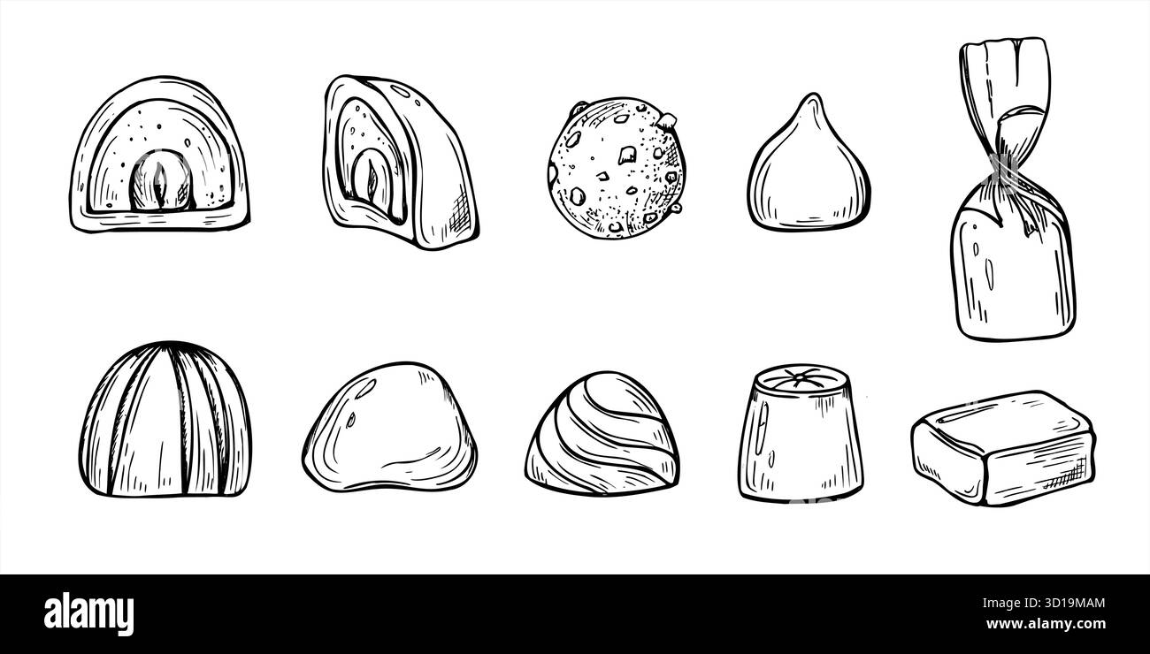 Schokoladenbonbons mit Querschnitt, ganz und mit Füllungen innerhalb des Vektors isolierte Linie Art schwarze Tinte Illustration. Einfarbiges handgezeichnetes Süßwarenset. Stock Vektor