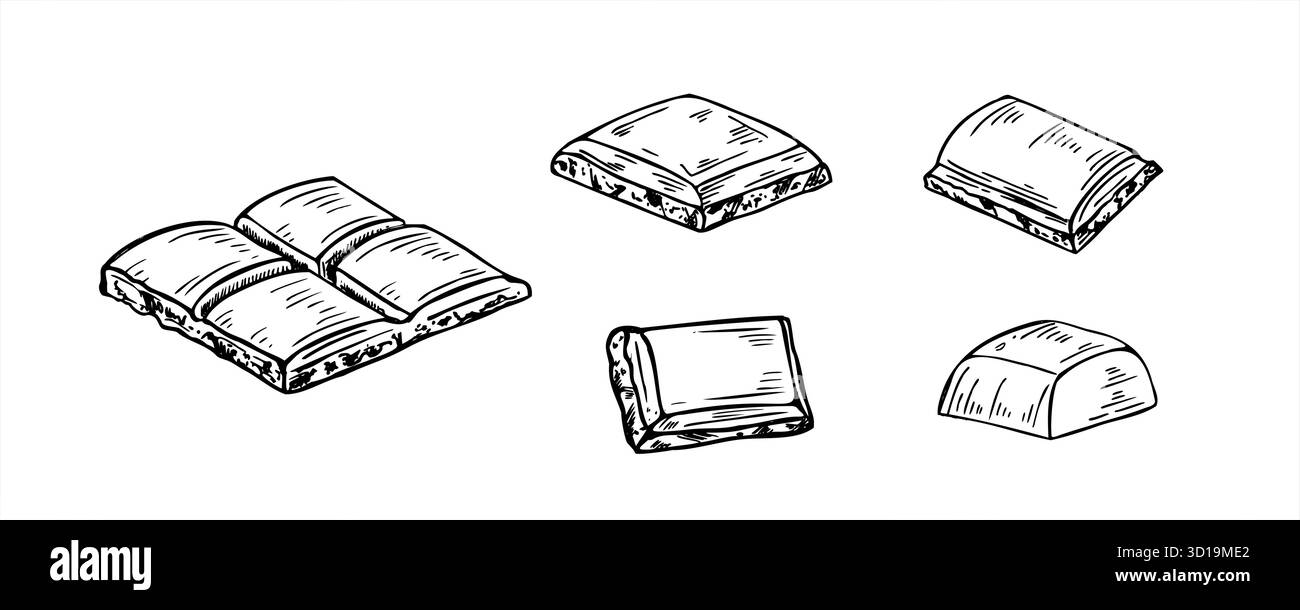 Schokolade Set Vektor isolierte Linie Art schwarze Tinte Skizze. Ein Stück der Zeichnung mit schwarzer oder Milchschokolade. Illustration süßer Bonbons Stock Vektor