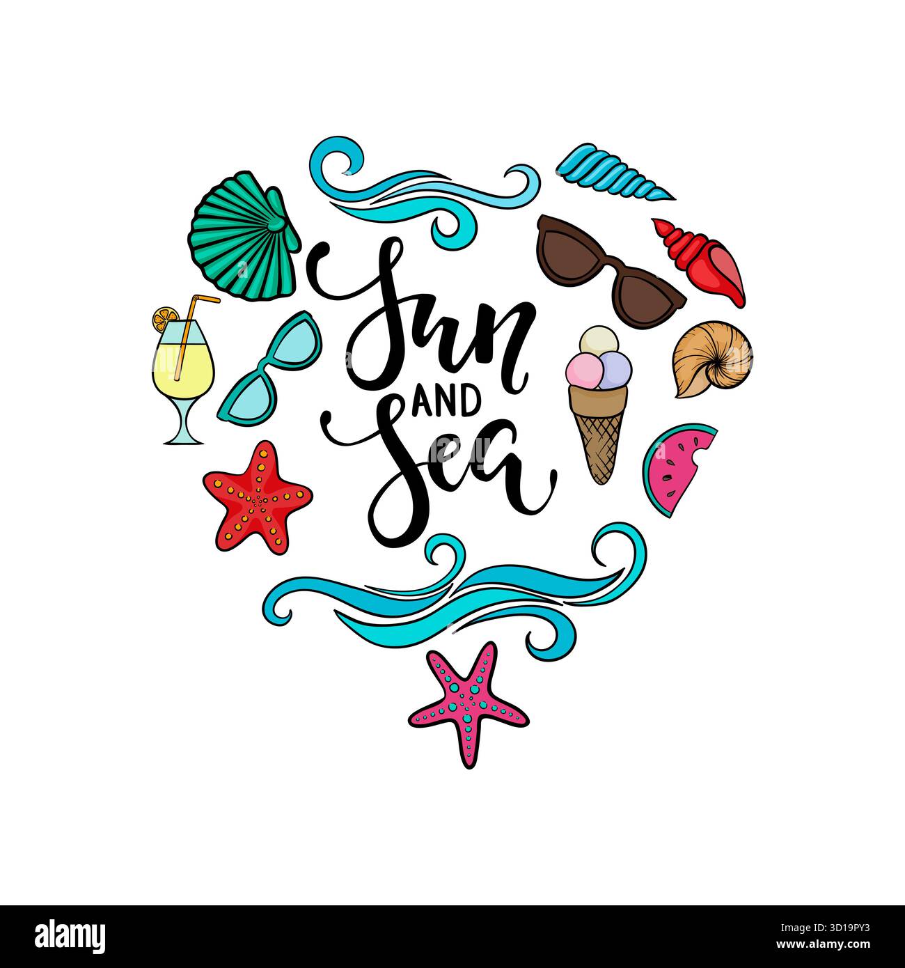 Sonne und Meer. Pinselstift-Schriftzug. Handgezeichneter Zeichentrickfilm Sommer Symbol und Objekte Design für Feiertagsgrußkarte und Einladung des saisonalen Sommers Stock Vektor