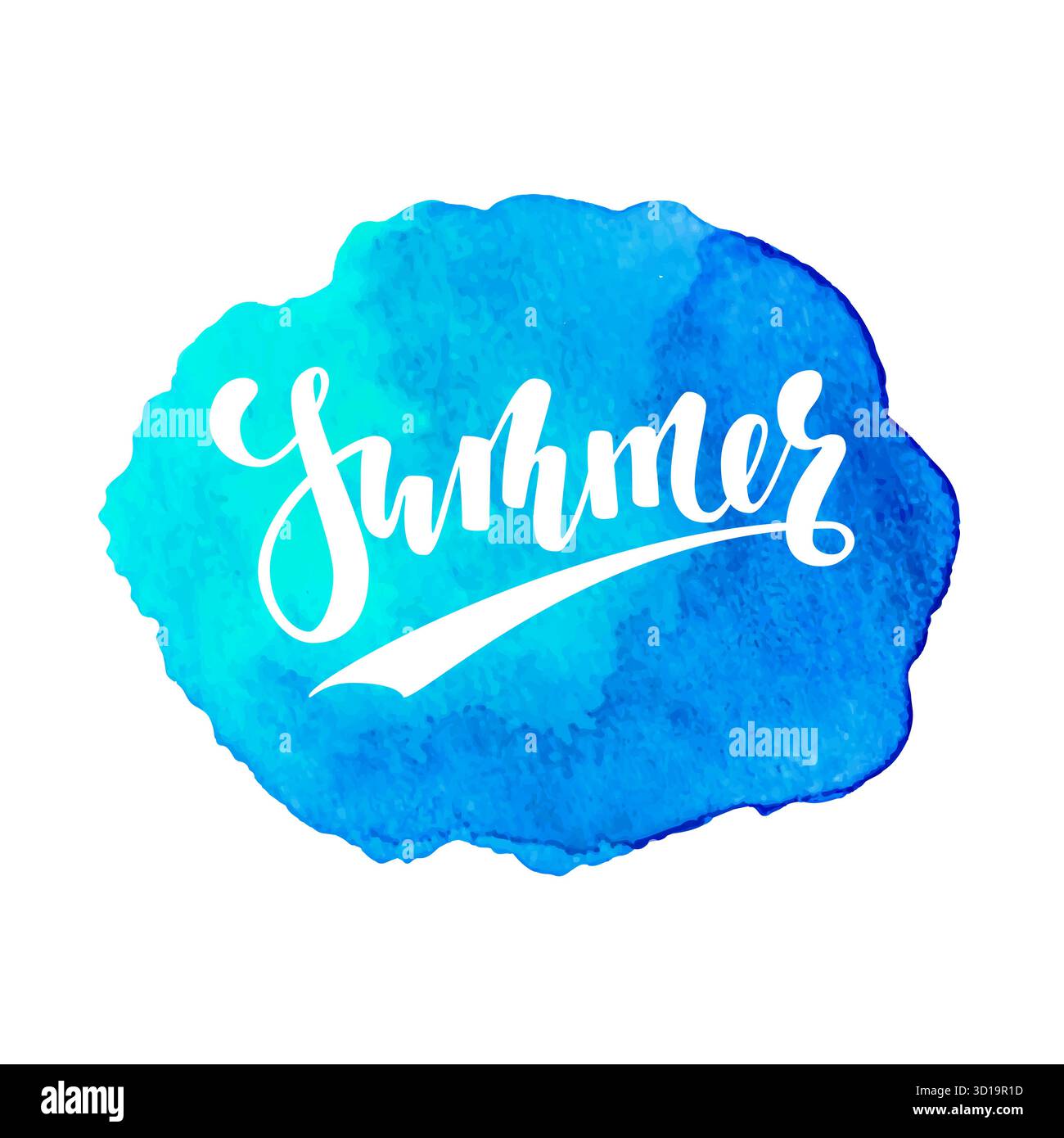 Sommer Hand gezeichneter Kalligraphie-Schriftzug auf Aquarellblau handgezeichneter Textur. Design für Weihnachtsgrußkarte und Einladung des saisonalen Sommers Stock Vektor