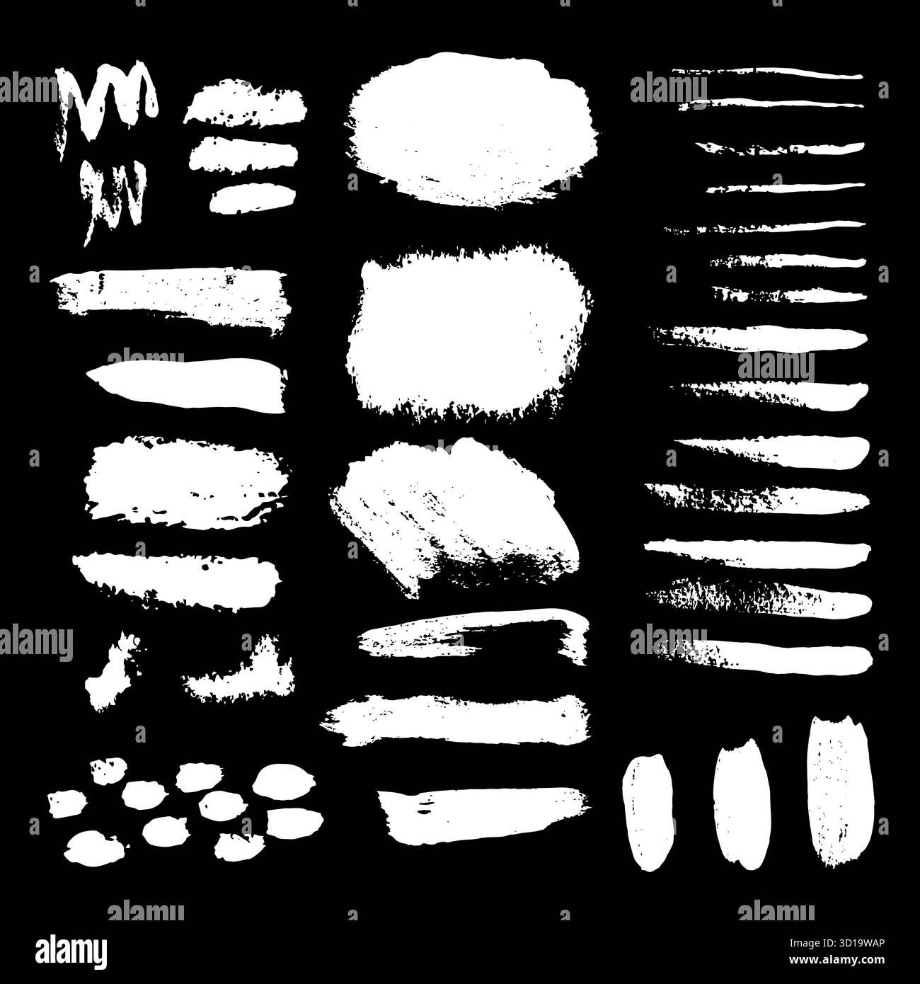 Set aus grundierter schwarzer Farbe, Pinselstriche. Sammlung Pinselstriche. Schmutzige, künstlerische Designelemente, Hintergründe, Texturen, Pinsel Stock Vektor