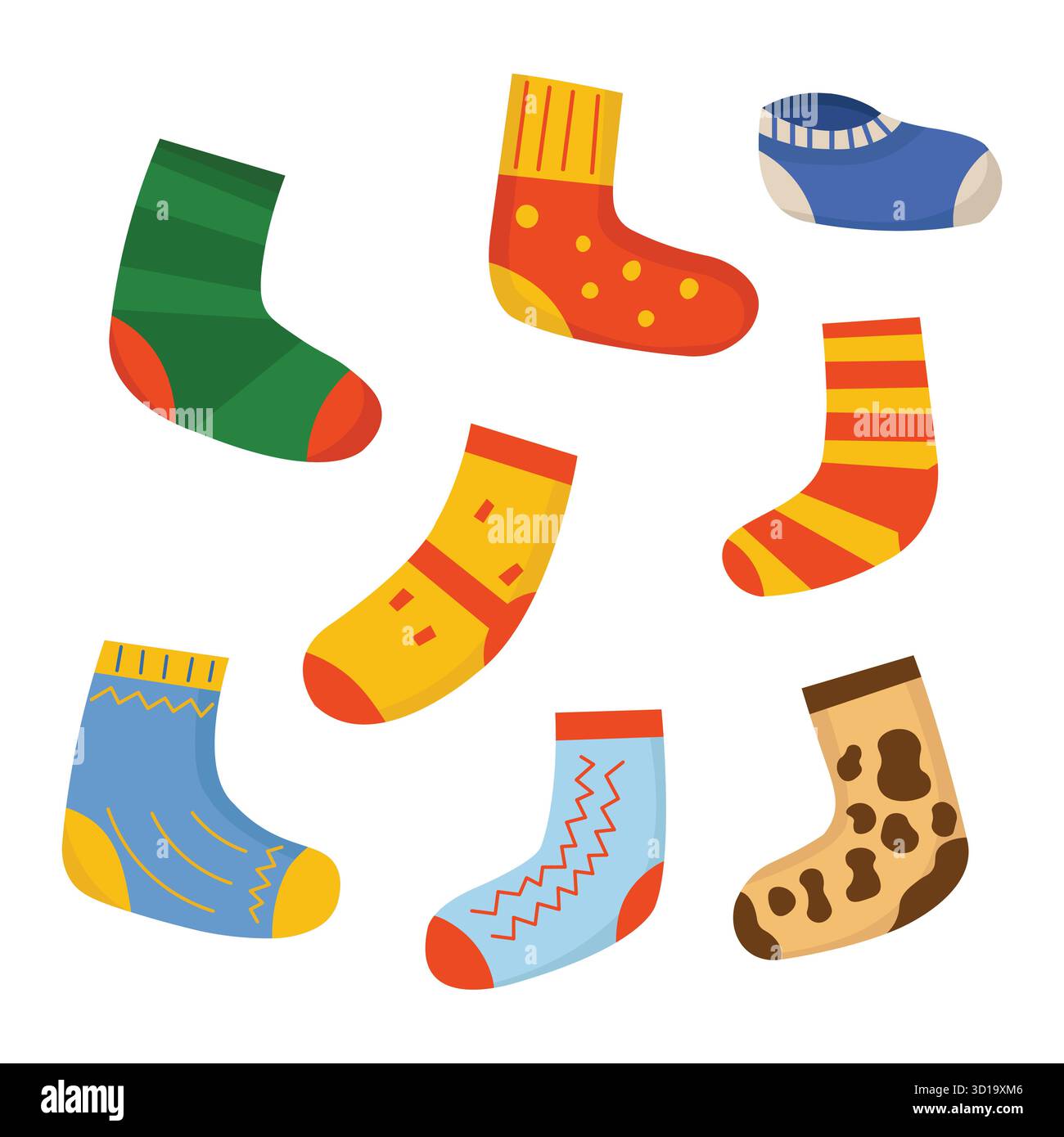 Kollektion farbenfroher gemusterter Socken in verspielter, flacher Illustration Stock Vektor