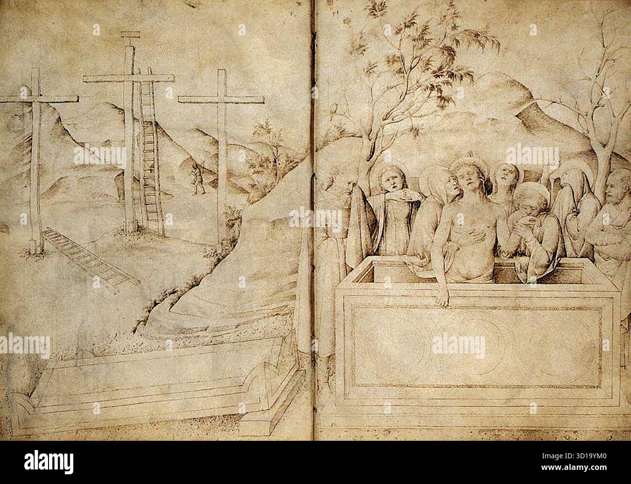 BELLINI, Jacopo (* ca. 1400, Venezia, d. 1470, Venezia) Lamentation (aus der Sketeleck, Folien 57b-58a) 1440s Pen, 427 x 580 mm Mus?e du Louvre, Paris Jacopo Bellinis bedeutendstes Vermächtnis ist die Form von zwei Skizzenbüchern. Die Skizzen zeigen Jacopos Interesse an der Perspektive und enthalten zahlreiche Kompositionen, die von der Werkstatt verwendet wurden. Wie Pisanello interessierte sich Jacopo für antike Skulpturen und Artefakte, die er häufig in seinen Zeichnungen darstellte. --- Schlüsselwörter: ----------------- Autor: BELLINI, Jacopo Titel: Klage (aus der Skizze, Folien 57b-58a) Time-l Stockfoto