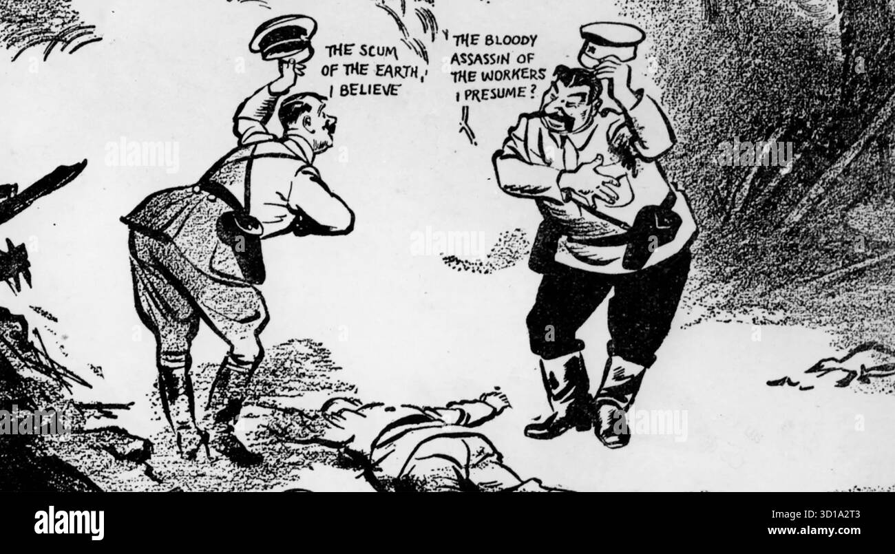 DAVID LOW (1891–1963) neuseeländischer Karikaturist. Sein berühmter Cartoon Rendezvous zeigt Hitler und Stalin nach der Unterzeichnung des Molotow-Ribbentrop-Paktes 1929. Es wurde am 20. September 1939 im London Evening Standard veröffentlicht. Stockfoto