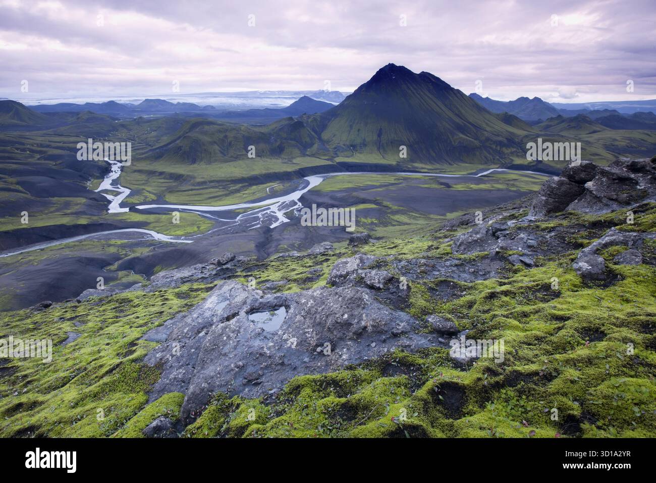 Blick auf moosbedeckte Felsen und Hügel treffen auf einen sich windenden Fluss unter einem bewölkten Himmel, der eine ruhige und dennoch dramatische Landschaft darstellt, Island, Island. Stockfoto