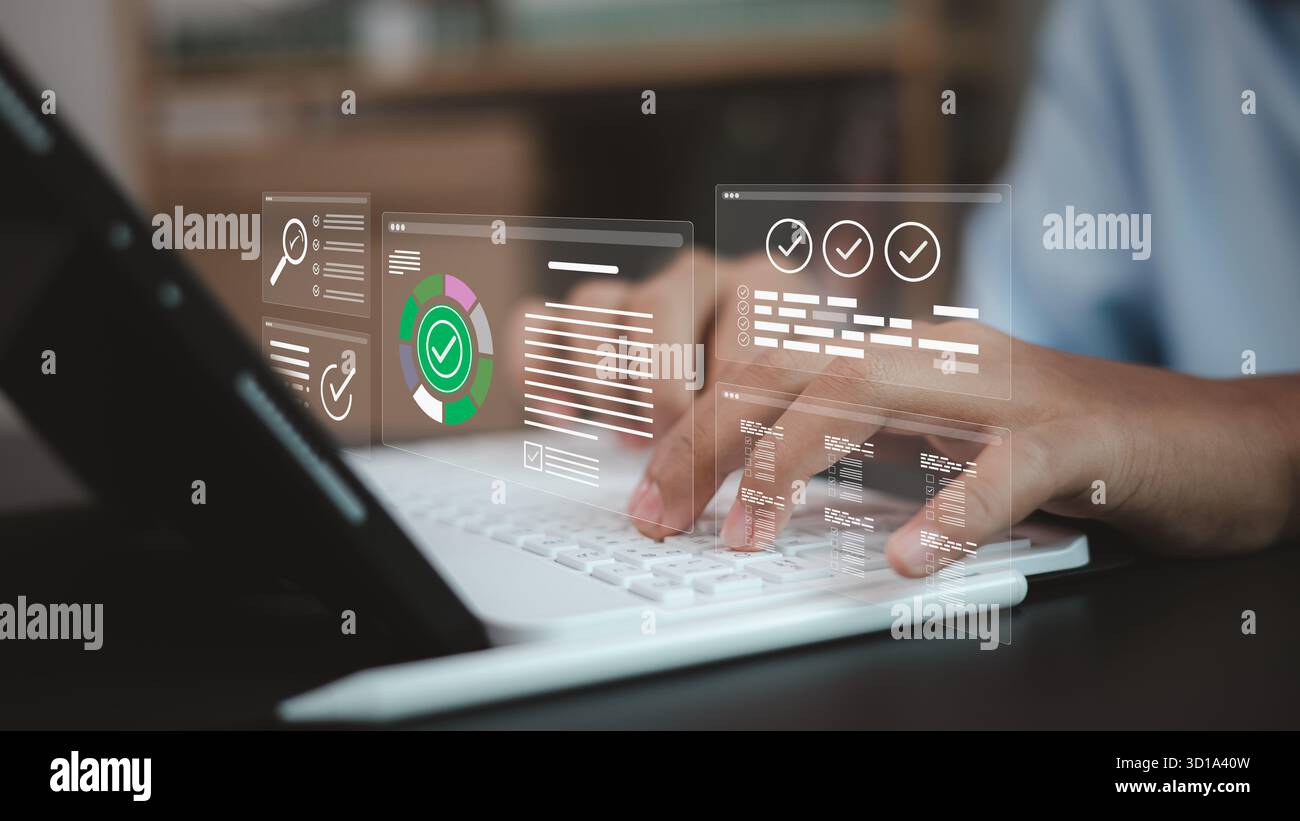 Geschäftsexperte verwenden ein Notebook mit virtuellem Daten-Dashboard, das Workflow-Automatisierung, digitales Managementsystem und Business-Technologie-Conceep zeigt Stockfoto