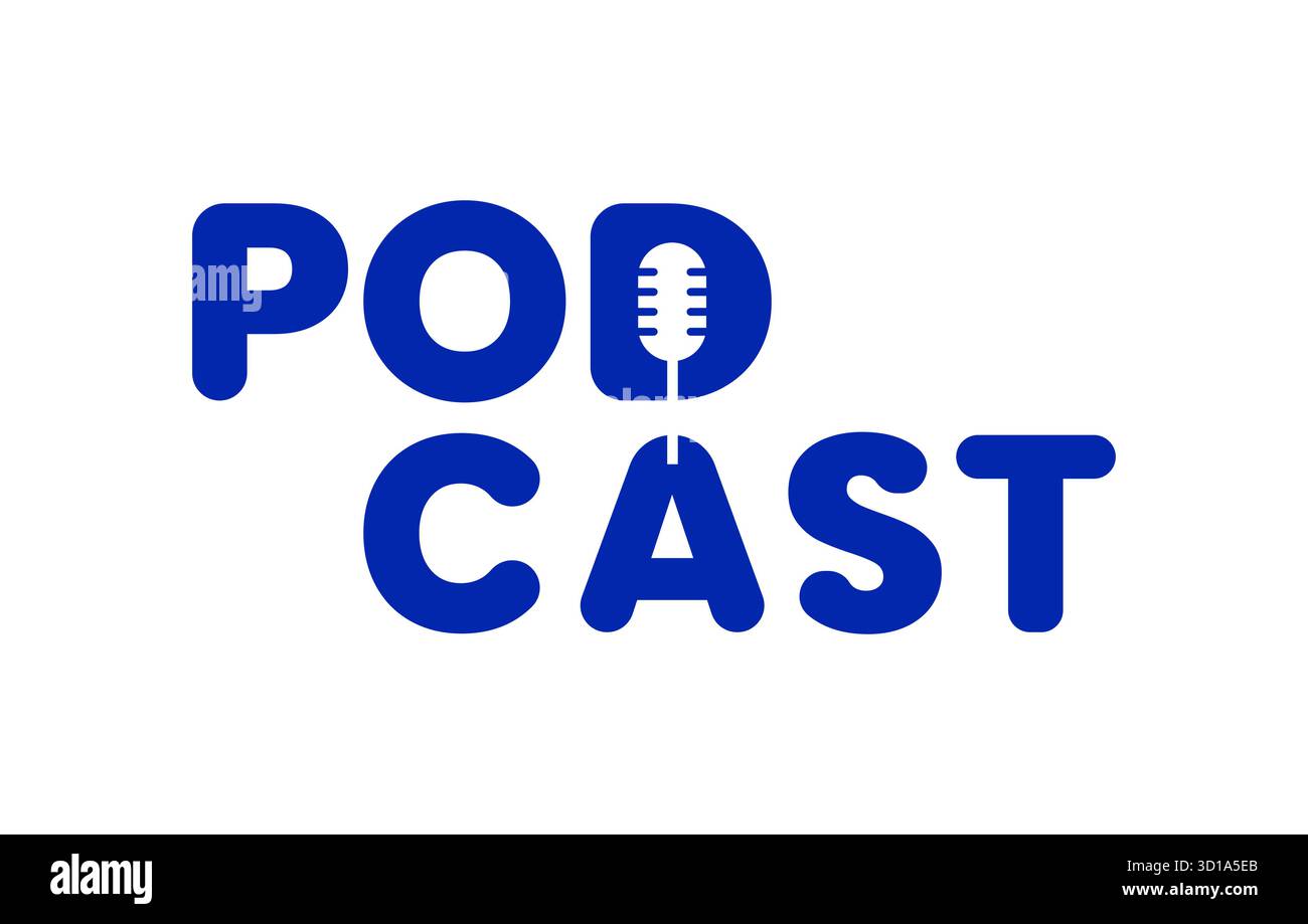 Blaues Podcast-Textlogo mit Mikrofon im Buchstaben d, das ein kreatives, modernes Audio-Branding-Design bildet, ideal für Media Identity Radio Stock Vektor