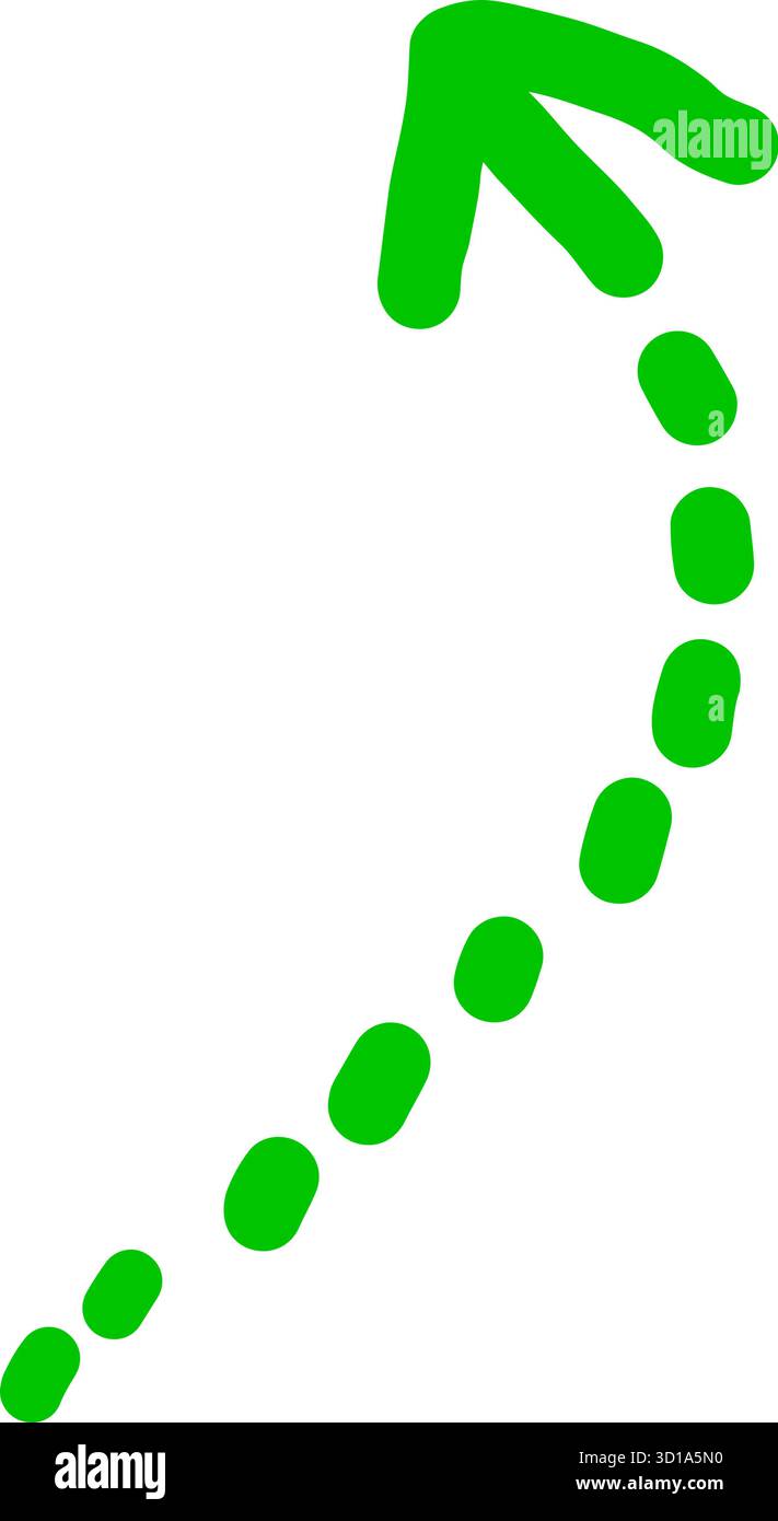 Grüner gestrichelter, gekrümmter Pfeil, der nach oben zeigt und auf weiß isoliert ist und Wachstumsfortschritt und Erfolg darstellt. Ideal für die Entwicklung von Geschäftstrends Stock Vektor