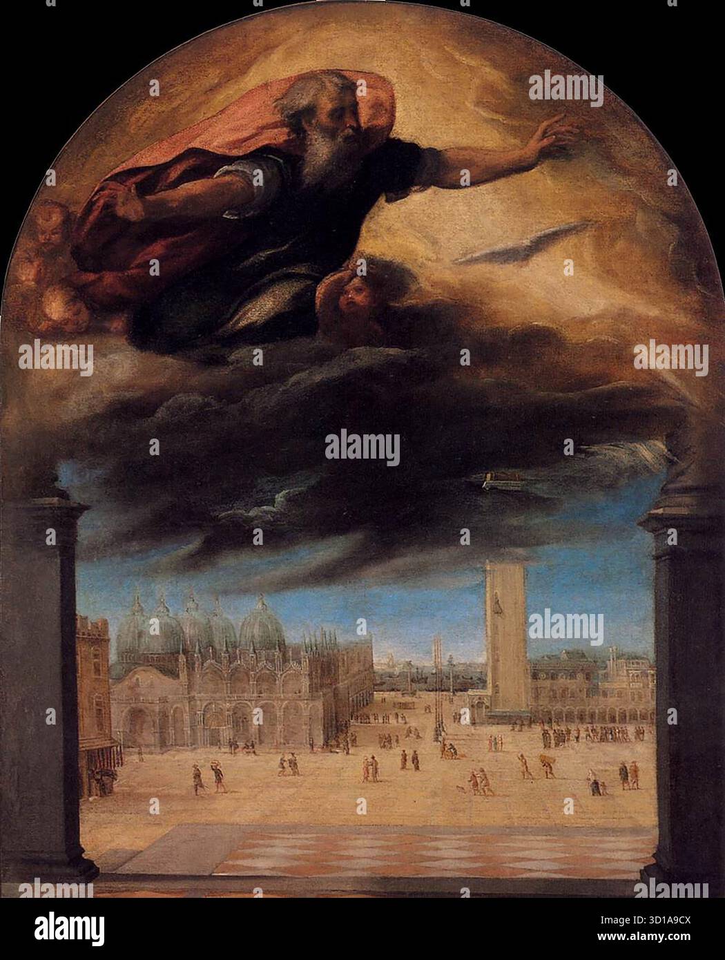 BONIFACIO VERONESE (* 1487, Verona, d. 1557, Venezia) Gott der Vater über der Piazza San Marco Öl auf Leinwand 1540er Jahre, 191 x 135 cm Gallerie dell'Accademia, Venedig Dies ist der zentrale Teil des Triptychons mit flankierenden Tafeln, die dem Erzengel Gabriel und der Jungfrau Annunciate gewidmet sind, die alle einst in der Camera degli Imprestidi („Leihstelle“) im Palazzo delinghi Camerlinghi hing. Die Verstümmelung und Trennung in drei Teile (die anderen beiden ebenfalls in der Galerie) erfolgte zu einem unsicheren Zeitpunkt, jedoch nicht vor 1808, dem Jahr eines Inventars, das die Arbeiten als noch vereint identifizierte. Die Stockfoto