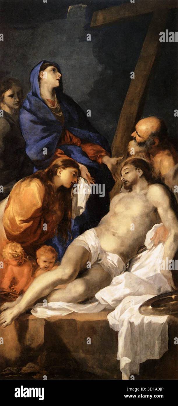 BOURDON, S?bastien (* 1616, Montpellier, d. 1671, Paris) die Abscheidung um 1650 Öl auf Leinwand, 303 x 157 cm Mus?e du Louvre, Paris --- Schlüsselwörter: ----------------- Autor: BOURDON, S?bastien Titel: The Deposition Time-line: 1601-1650 Schule: Französisch Form: Malerei Typ: Religiös Stockfoto