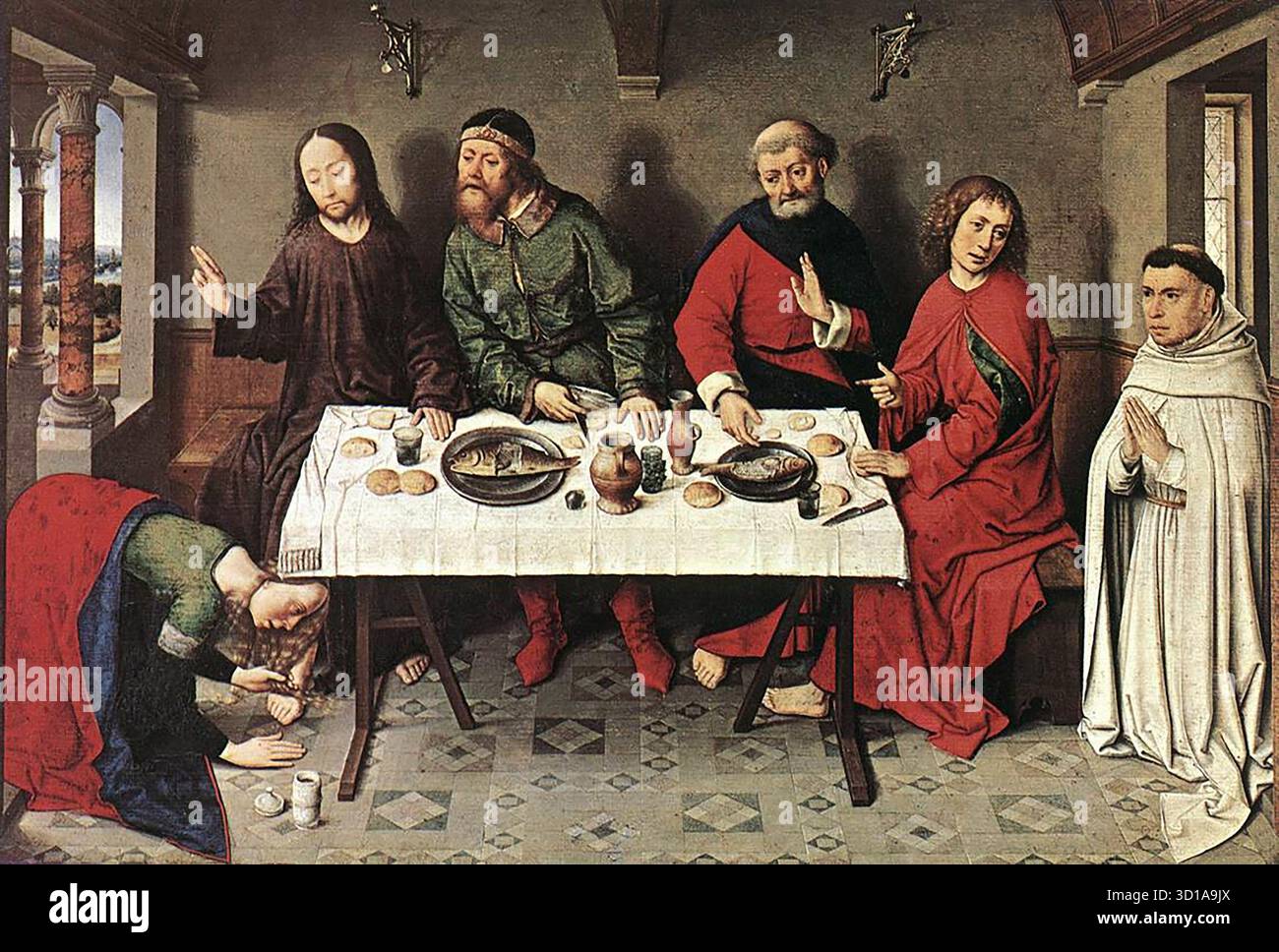 BOUTS, Dieric der ältere (* ca. 1415, Haarlem, d. 1475, Leuven) Christus im Haus Simon 1440er Jahre Öl auf Holz, 40,5 x 61 cm staatliche Museen, Berlin Dirk Bouts stammte aus Haarlem, wo er zweifellos seine frühe Ausbildung erhielt. Später ließ er sich in der Universitätsstadt Louvain nieder, wo sein Hauptwerk noch heute in der Peterskirche zu sehen ist. Als er 1468 zum Stadtmaler ernannt wurde, war er bereits über fünfzig Jahre alt. Das Berliner Panel muss, wie es in enger Ähnlichkeit mit dem Werk von Aelbert Ouwater vermutet wird, eines seiner früheren Werke gewesen sein. Die Geschichte von Jesu Besuch im Haus Simos Stockfoto