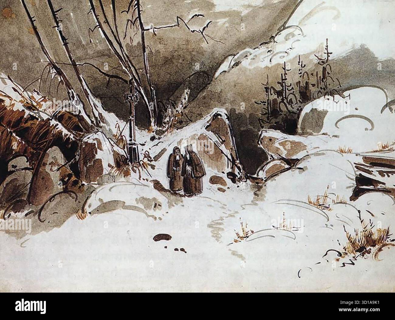 BLECHEN, Karl (* 1797, Cottbus, d. 1840, Berlin) Alpenpass im Winter mit Mönchen 1833 Aquarell auf Bleistift, 230 x 320 mm staatliche Graphische Sammlung, München dieses Bild ist ein Eindruck der wilden Region des Bodetals im Harz. Die Bleistiftskizze wurde aus der Natur gezeichnet und später zu einem komplexeren Bild verarbeitet. --- Schlüsselwörter: ----------------- Autor: BLECHEN, Karl Titel: Alpenpass im Winter mit Mönchen Form: Malerei Zeitlinie: 1801-1850 Schule: Deutsch Typ: Landschaft Stockfoto