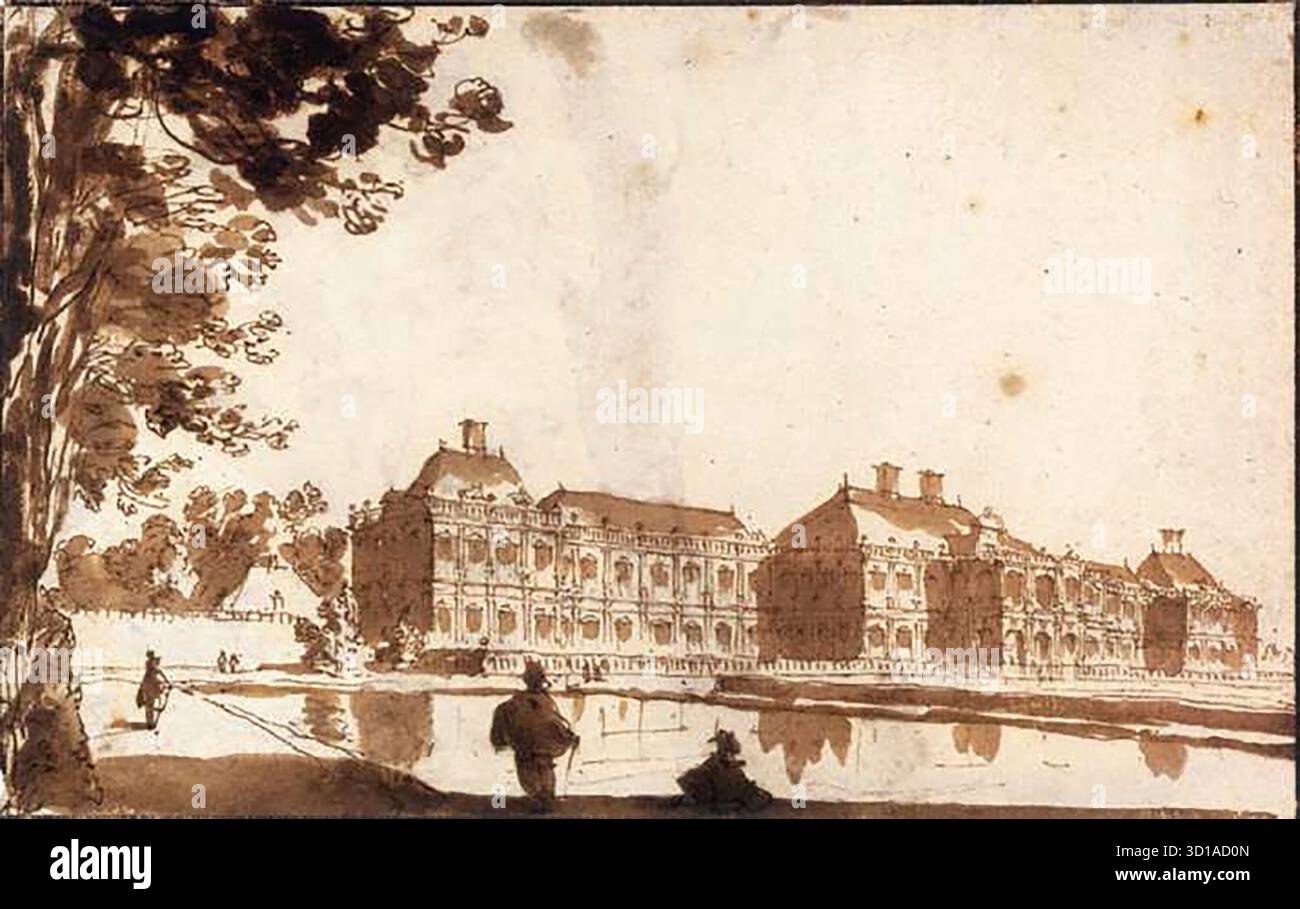 BISSCHOP, Jan de (* 1628, Amsterdam, d. 1671, den Haag) der Huis ter Nieuburch in Rijswijck, vom Südsüdwesten gesehen 1665-70 Pen und braune Tinte und Waschung, 99 x 155 mm Privatsammlung 1630 kaufte der niederländische Statthalter Frederick Hendrick den Huis ter Nieuburch in Rijswijck, einem Dorf zwischen Delft und den Haag. Das alte Landhaus wurde abgerissen und zwischen 1630 und 1634 durch den Sommerpalast ersetzt, der in dieser kleinen Zeichnung von Südsüdwesten aus gesehen wurde. Der schnelle Skizzierstil und der kühne Kontrast zwischen Licht und Schatten sind typisch für de Bisschops spätes Werk von etwa 1665–70. Stockfoto