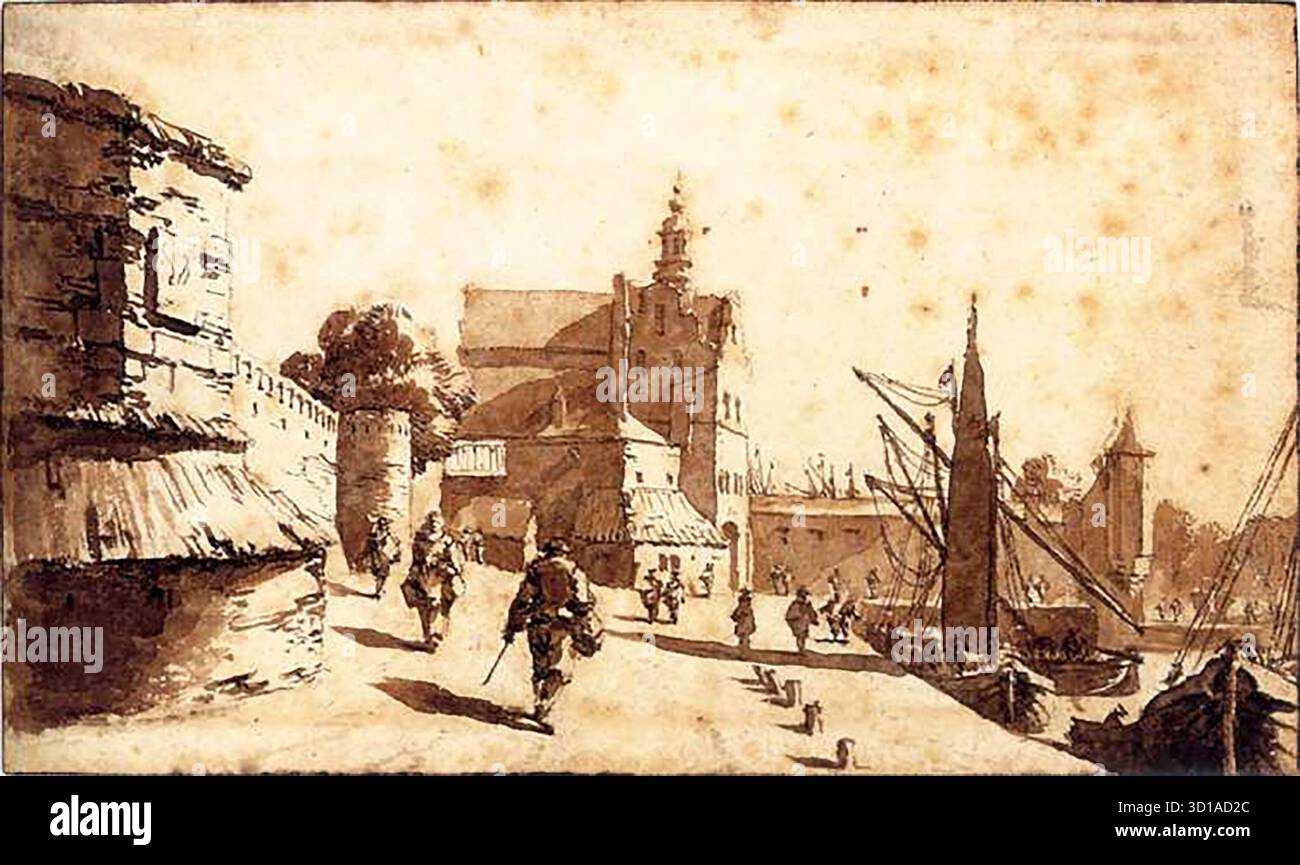 BISSCHOP, Jan de (* 1628, Amsterdam, d. 1671, den Haag) das Schiedam-Tor in Delft 1655-60 Graphite, Stift und Pinsel und braune Tinte, 95 x 159 mm Historisches Museum, Amsterdam durch die Verwendung von tiefbraunen Wäschen, die sich stark von der Farbe des Papiers abheben, erzeugt der Amateur-Zeichner de Bisschop einen Eindruck von Sonnenlicht. Dieses italienische Bild zeigt den Einfluss von de Bisschops Meister, dem italienischen Maler Bartholomeus Breenbergh. --- Schlüsselwörter: ----------------- Autor: BISSCHOP, Jan de Titel: Das Schiedam-Tor in Delft Zeitlinie: 1651-1700 Schule: Niederländisch Form: Grafik Typ: Land Stockfoto