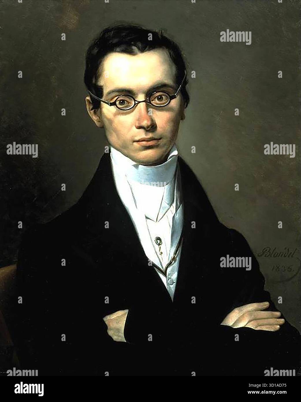 BLONDEL, Merry-Joseph (* 1781, Paris, d. 1853, Paris) Porträt eines Mannes 1835 Öl auf Leinwand, 61 x 51 cm Privatsammlung der Sitter des vorliegenden Gemäldes ist Charles Viollet. Obwohl nicht viel über Charles bekannt ist, ist seine Familie ziemlich bekannt. Sein Sohn Paul war Historiker und Gründer der Law Library, und seine UrEnkelin Helene Roger-Viollet gründete die Mainson Roger-Viollet, die größte Stiftung für Fotografie in Frankreich. --- Schlüsselwörter: ----------------- Autor: BLONDEL, Merry-Joseph Titel: Porträt eines Mannes Zeitlinie: 1801-1850 Schule: Französisch F Stockfoto