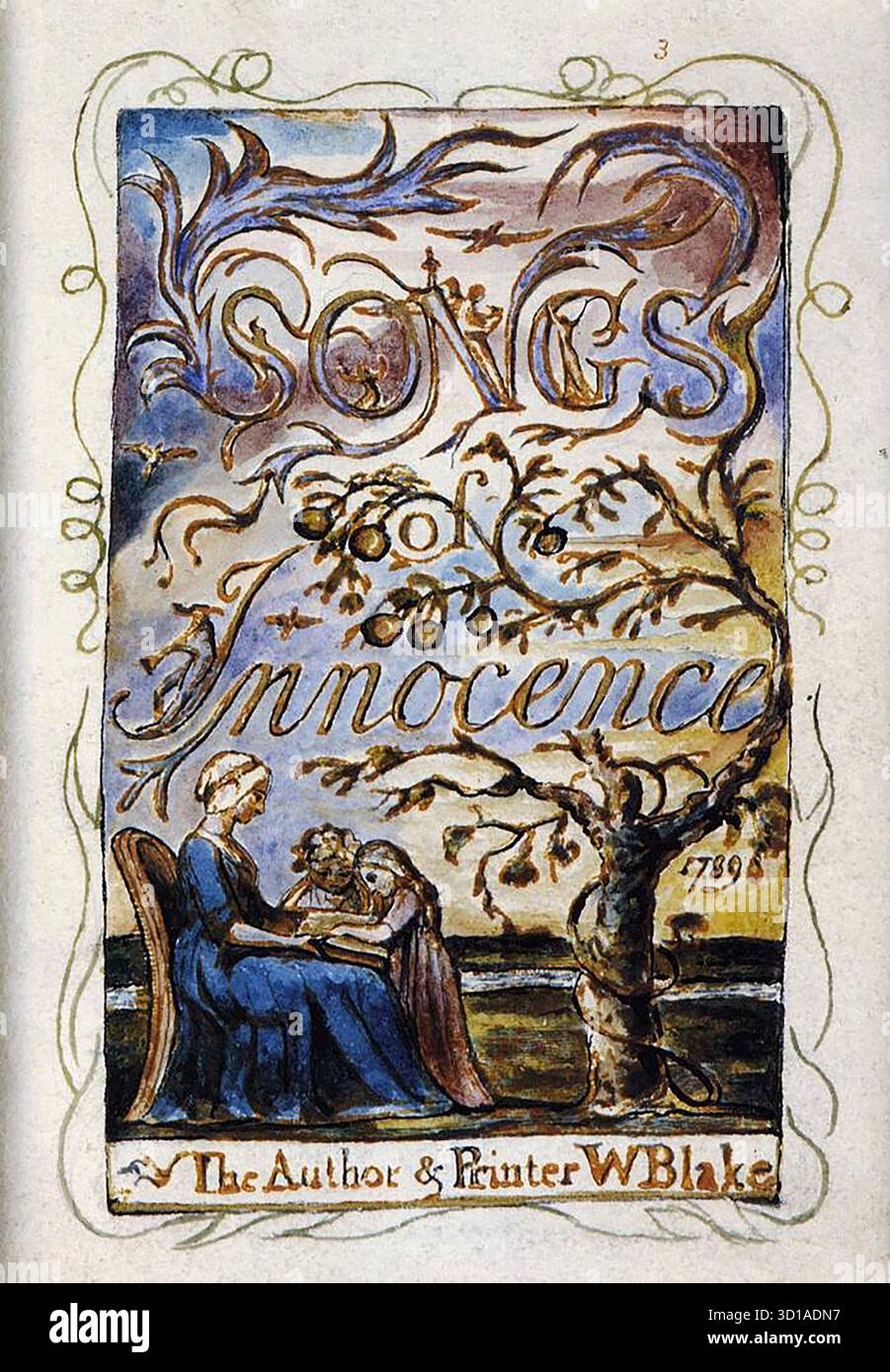 BLAKE, William (* 1757, London, d. 1827, London) Songs of Innocence (Titelseite) 1825 Relief-Ätzung, handgemalt mit Aquarell und Gold, 152 x 140 mm Metropolitan Museum of Art, New York William Blake ist der einzige Künstler seines Ranges, der noch besser als Dichter bekannt ist, und einige seiner erfreulichsten Werke sind diejenigen, die er als „Leuchtdruck“ bezeichnet, die Bild und Wort zu einem vollständig integrierten und vollständig persönlichen Ergebnis verbinden. Songs of Innocence, veröffentlicht 1789, umfasst 31 erleuchtete Gedichte; das Buch wurde 1794 mit Songs of Experience mit insgesamt 54 Platten neu veröffentlicht. Stockfoto