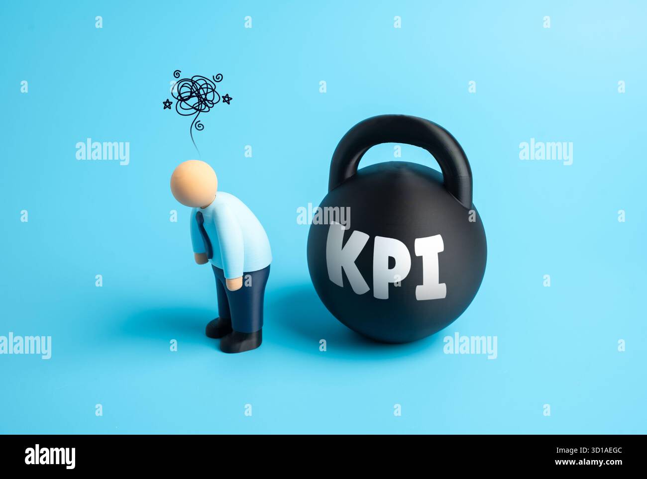 KPI und ein erschöpfter Büromitarbeiter. Überlastung, Burnout und Stress. Unrealistische Ziele und Müdigkeit der Mitarbeiter. Unternehmensleistungsdruck, geistige Exhau Stockfoto