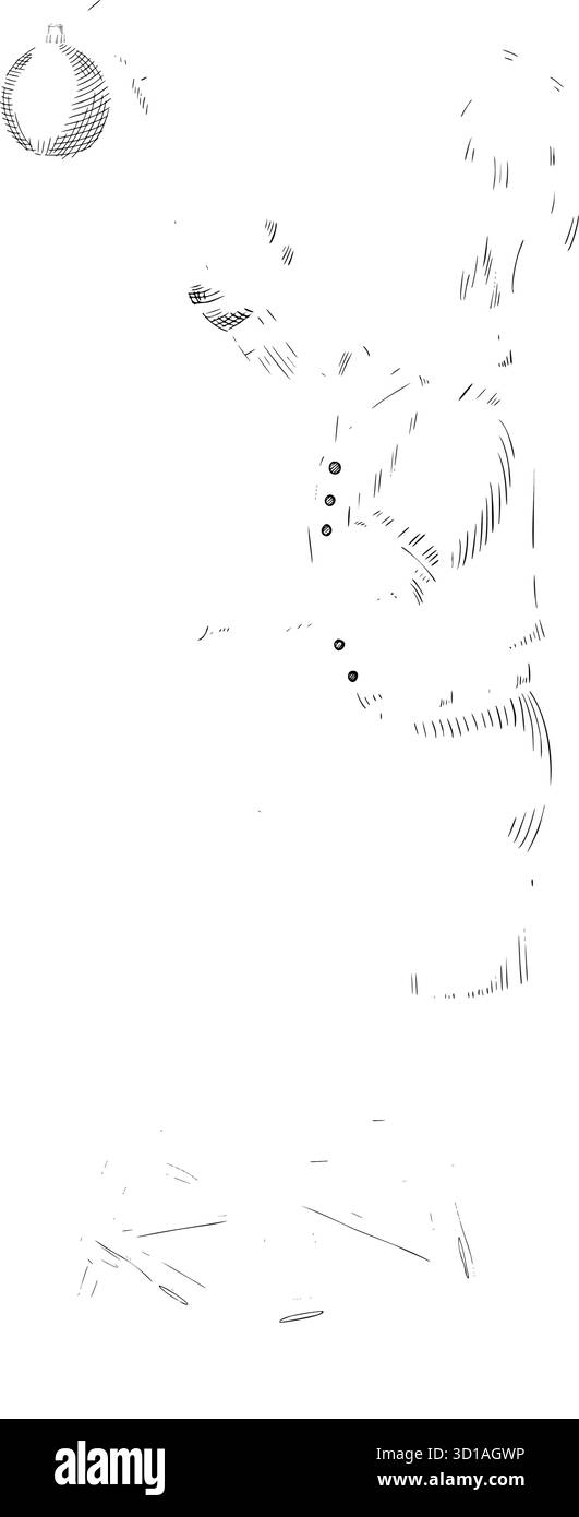 Vektorzeichnung eines kleinen Jungen mit Weihnachtsschmuck, der auf einem Hocker steht. Ätzen von Kind für Weihnachtsgrußkarten oder Neujahrseinladungen. Gravur für nostalgische Feiertage oder Storybook-Designs. Stock Vektor