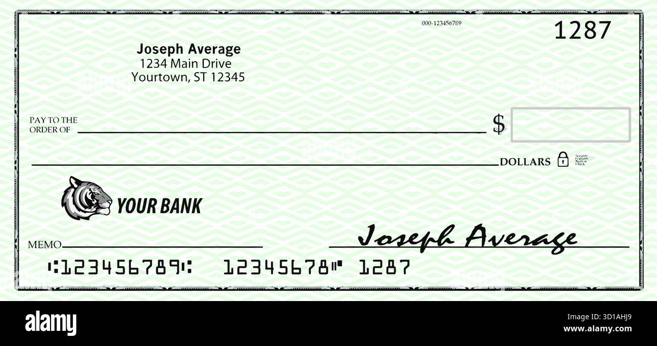 Ein nachgeahmter persönlicher Bankscheck wird als Vektorillustration gesehen. Stock Vektor