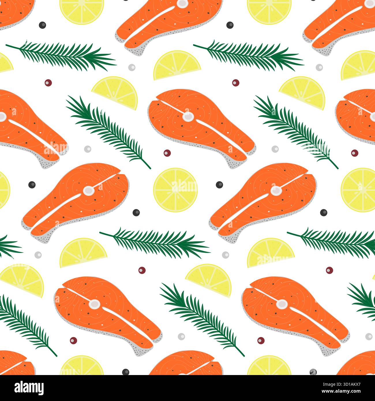 Lachs Steak Zitronenscheibe Rosmarin Zweig und Pfeffer Mischung nahtlose Muster gesunde Ernährung Hintergrund. Isolierte Vektor-Illustration gesundes Essen Poster oder kulinarische themenbezogene Hintergrund-Banner, Faltblatt, Etikett Stock Vektor