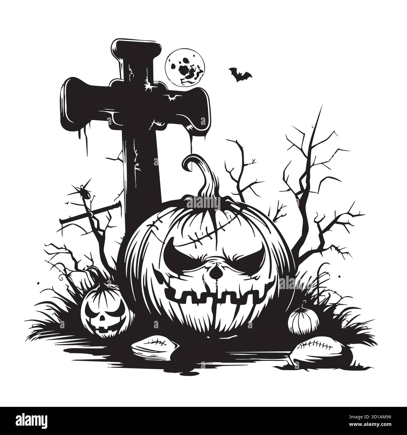 Illustration von Halloween-Kürbis auf Grabgrund mit Friedhof Stock Vektor