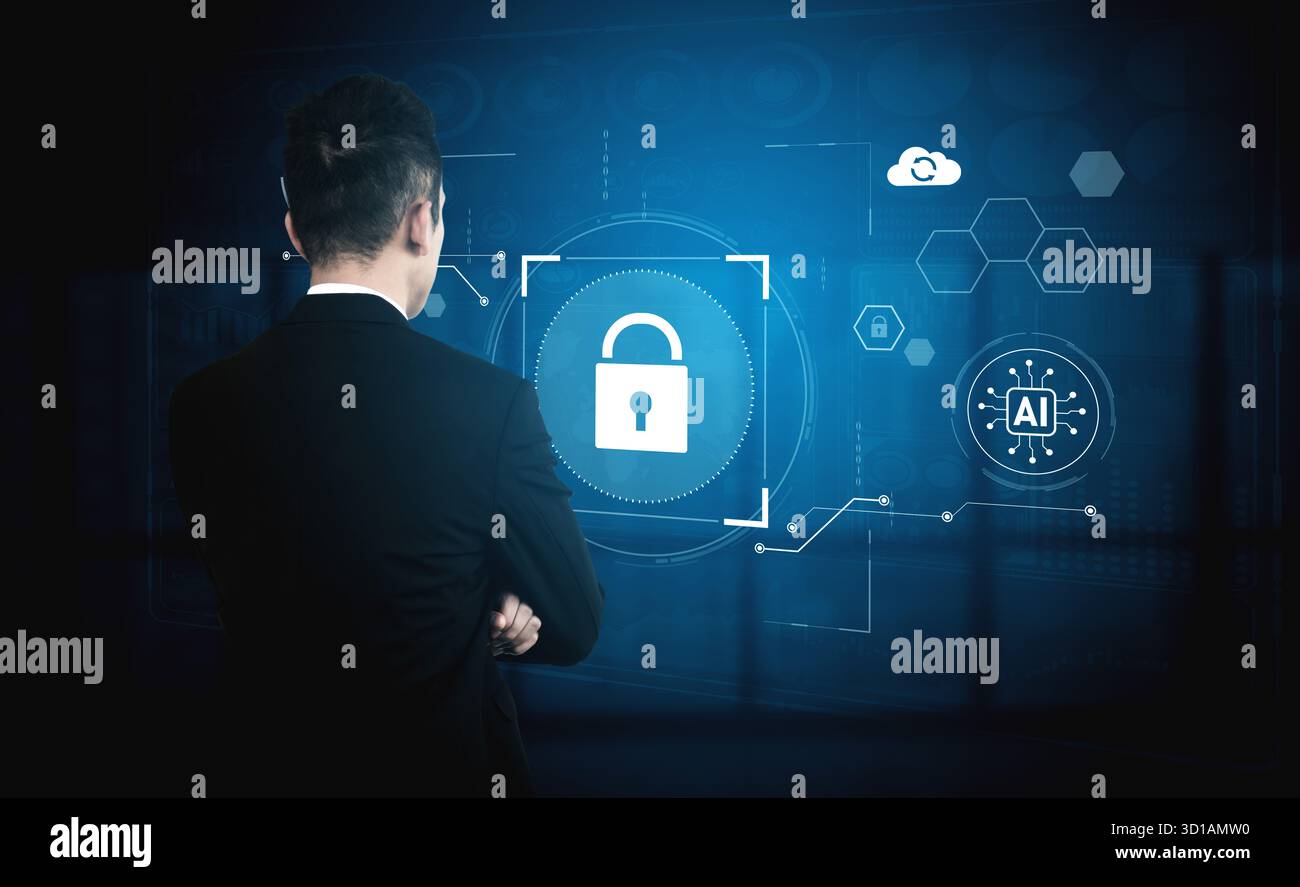 KI-Cybersicherheitssystem mit biometrischer Authentifizierung und Datenschutzkontrolle. Cybersicherheit schützt Identität, Cybersicherheit erkennt Bedrohungen, Cybersec Stockfoto