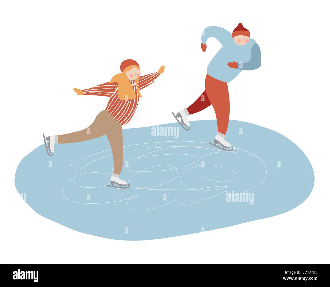 Eislaufbahn im Freien mit Leuten, die Schlittschuhlaufen. Mann und Frau auf der Eisbahn, Vektor-Illustration. Wintersport Clipart isoliert auf weißem Hintergrund Stock Vektor