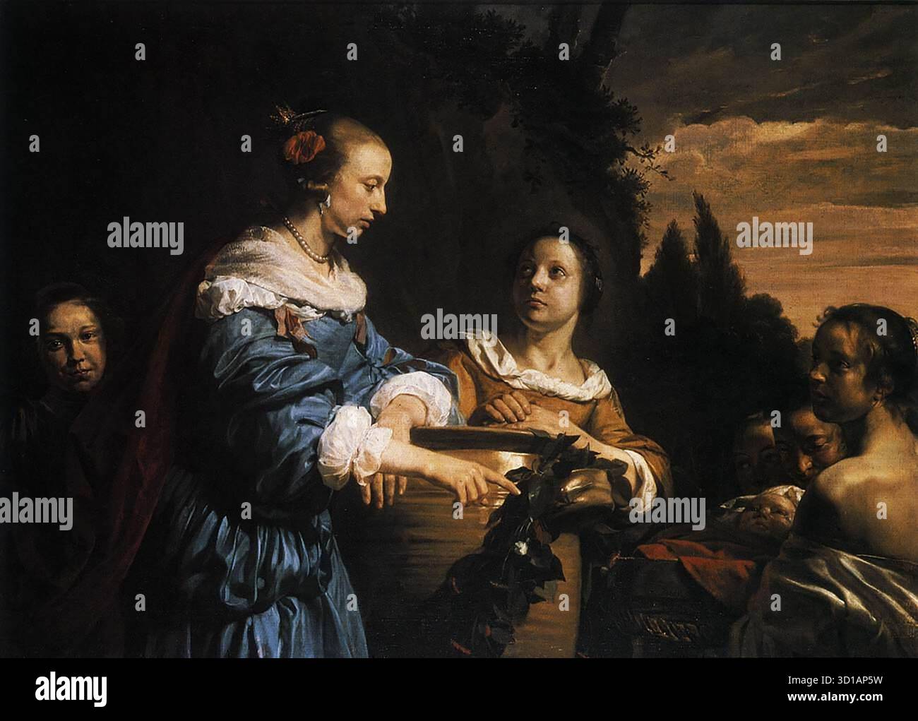 BRAY, Jan de (* ca. 1627, Haarlem, d. 1697, Haarlem) Pharaos Tochter mit ihren Dienern und Moses im Schilfkorb 1661 Öl auf Leinwand, 121 x 164 cm Museum Boijmans Van Beuningen, Rotterdam der Fund Moses war ein beliebtes Thema in der Malerei. Es war zuvor von mehreren italienischen Meistern dargestellt worden, darunter Raphael und Veronese. Es wurde auch von mehreren niederländischen Künstlern aus dem 17. Jahrhundert illustriert. Die Zahlen in Jan de Brays Darstellung sind jedoch wesentlich größer. Sie bilden dominierende Elemente in der Komposition und treten als so unterschiedliche Persönlichkeiten auf, dass man von de Bray ha ausgehen kann Stockfoto