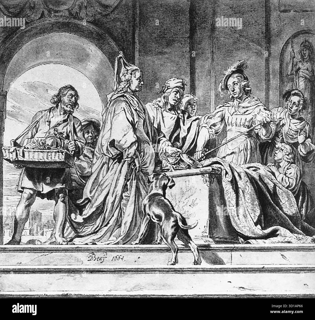 BRAY, Jan de (* ca. 1627, Haarlem, d. 1697, Haarlem) The Discovery of Achilles 1664 Pen in braun, grau gewaschen, 278 x 306 mm Kupferschtichkabinett, Berlin diese sehr große Zeichnung ist mit einem Gemälde des Künstlers verwandt, das sich heute im Muzeum Narodowe, Warschau befindet. Es handelt sich nicht um eine Studie für das Gemälde, sondern um eine Kopie des Künstlers selbst. Es ist bekannt, dass er weitere Kopien dieser Art produziert hat, wahrscheinlich um Aufzeichnungen über seine Gemälde zu führen. --- Schlüsselwörter: ----------------- Autor: BRAY, Jan de Titel: Die Entdeckung des Achilles Zeitlinie: 1651-1700 Schule: Niederländisch Form: Grafik Typ: Mythologisch Stockfoto