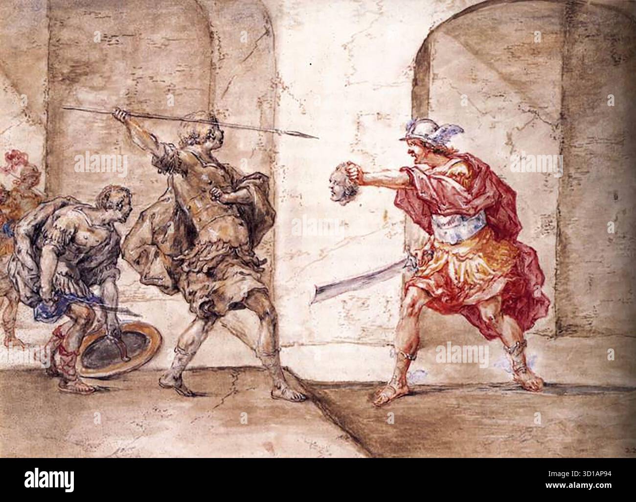 BRAMER, Leonaert (* 1596, Delft, d. 1674, Delft) Szene aus den Metamorphosen der 1660er Jahre Aquarell und Gouache auf Pergament, 140 x 195 mm Privatsammlung diese späte Zeichnung von Bramer illustriert eine Episode aus Metamorphosen von Ovid. Es zeigt die Szene Perseus, mit dem Kopf der Medusa, verwandelt Phineus in Stein. Die Metamorphosen waren in den Niederlanden während des 16. Und 17. Jahrhunderts enorm beliebt. Bramer schuf zwei Serien von Zeichnungen, die Ovidian-Motiven gewidmet waren, eine mit Pinsel und schwarzer Tinte in den Jahren 1635–45 und eine mit Farbe in den 1660er Jahren --- Schlüsselwörter: ----------------- Stockfoto